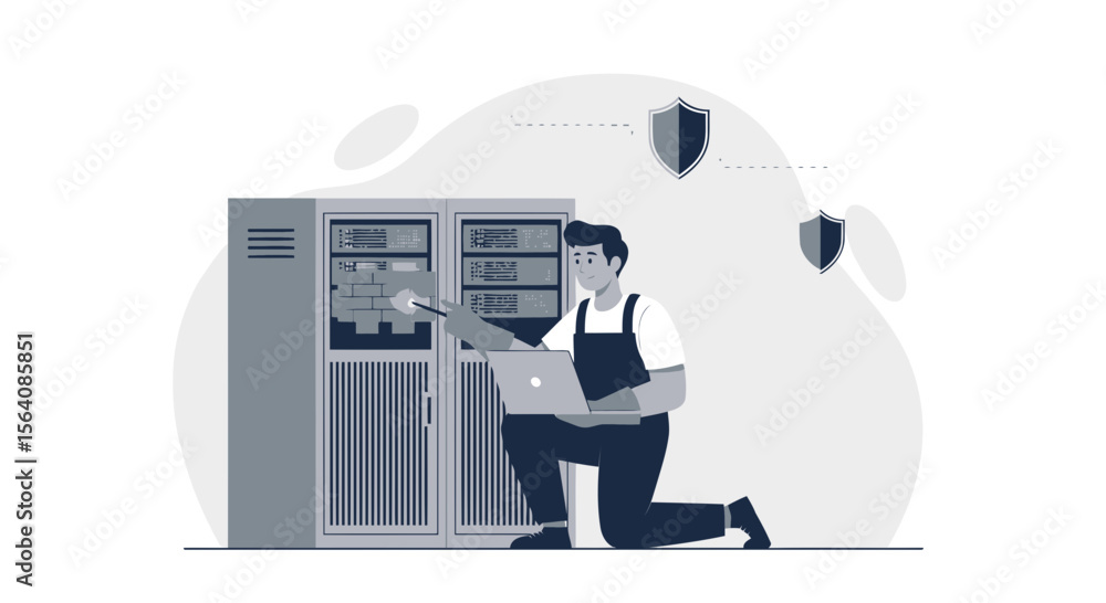 Poster system administrator working on data server maintenance for cybersecurity concept