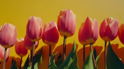 Vibrant Pink Tulips Blooming on Yellow Background