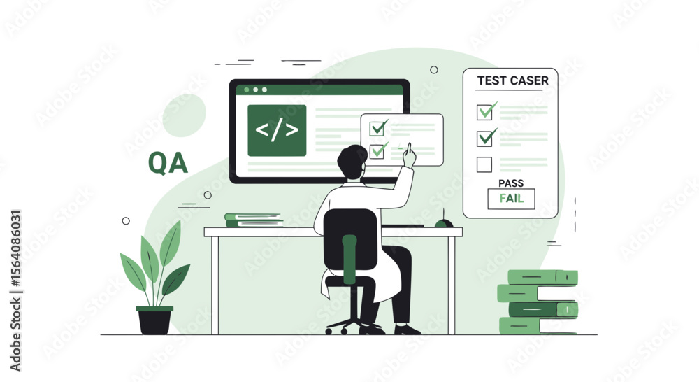 Poster software quality assurance engineer performing tests on code at workplace