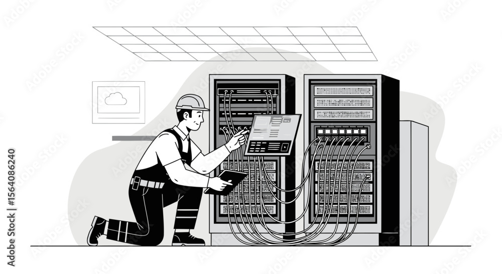 Aufkleber system administrator inspecting server racks in data center for maintenance