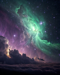 Fototapeta premium Vibrant purple and green nebula illuminates a starry night sky above dark clouds