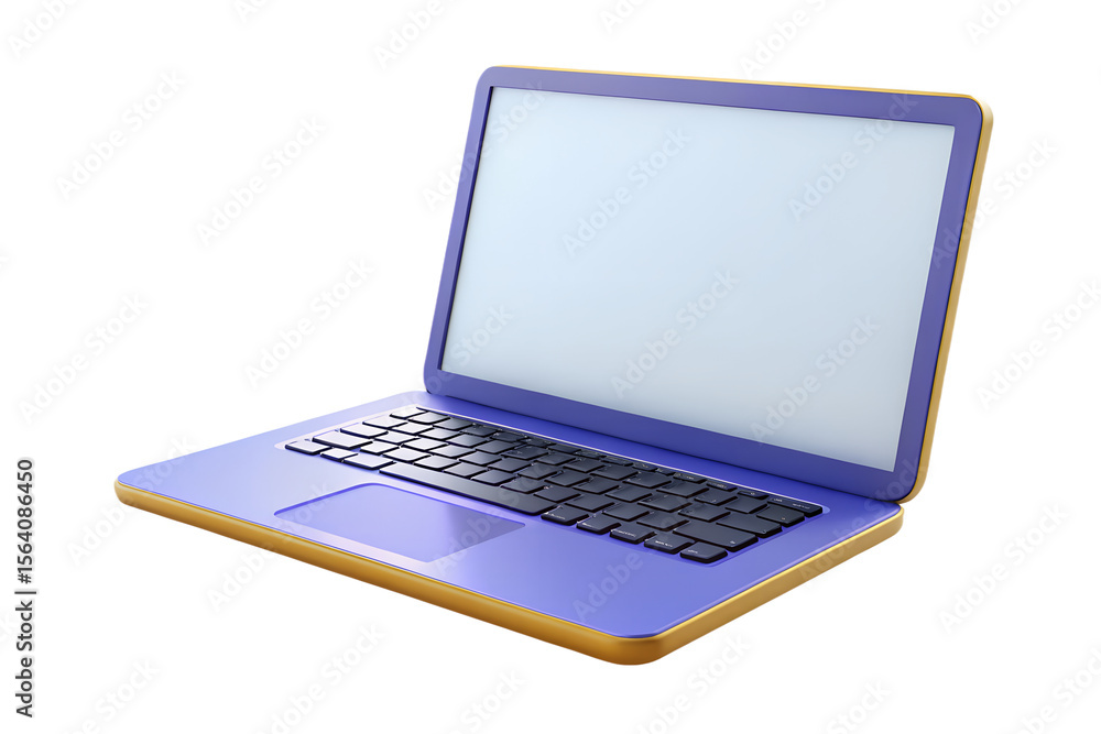 Poster modern purple and gold laptop computer with a blank screen and black keyboard isolated on transparen