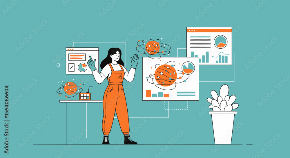 Poster woman analyzes data visualizations with graphical charts and connected information
