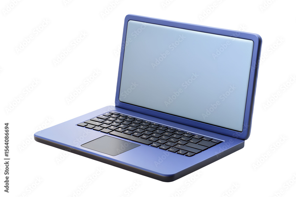 Poster modern blue laptop with a blank screen and keyboard open isolated on transparent background isolated