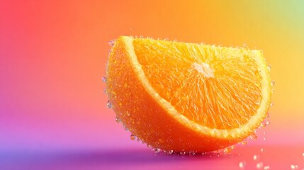 Juicy orange with visible droplets of juice shown on a colorful gradient background