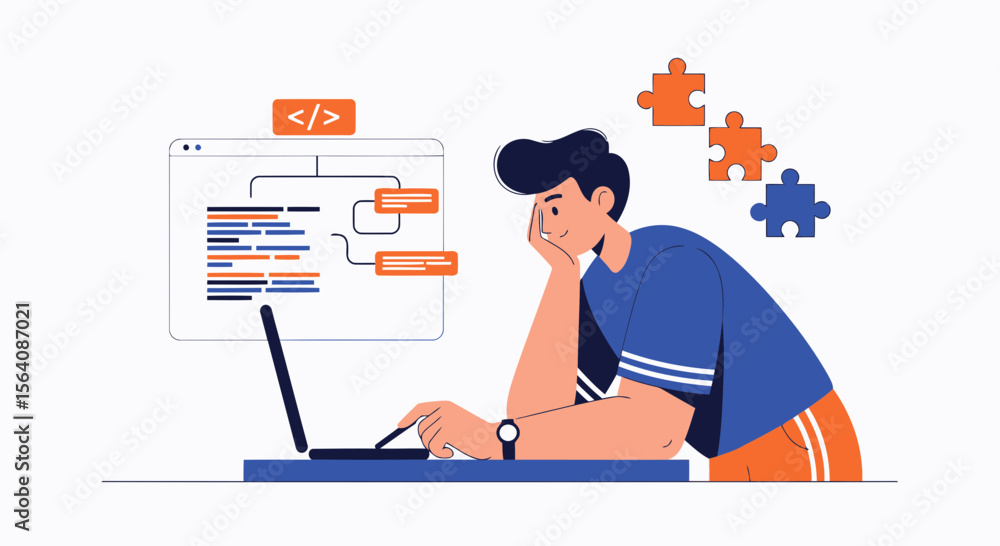 Poster young developer working on laptop with puzzle icons solving software problems