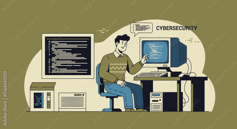 Aufkleber young man works with code and cybersecurity at a retro computer station