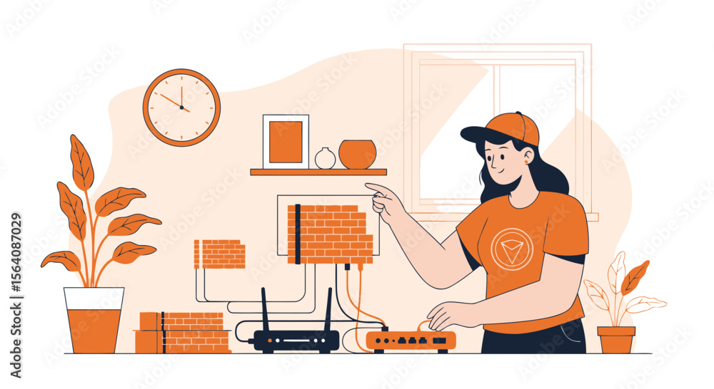 Poster young technician configure router settings for network security and data protection