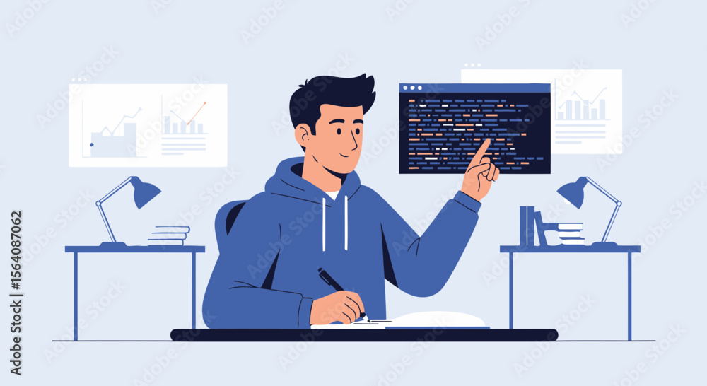 Poster young man developing software pointing at code and taking notes in a bright room