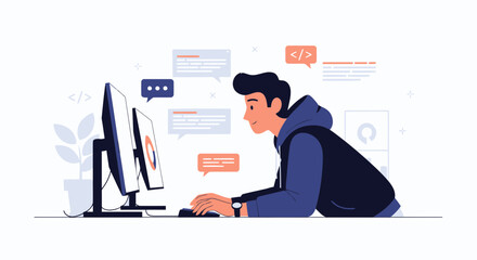 Young Man Coding Focused On Dual Monitors Workstation Environment Illustration