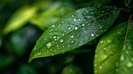 Macro capture of glistening water droplets on a vibrant green leaf