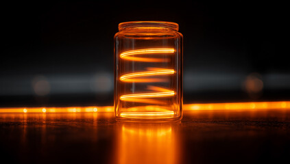 Glowing Orange Spiral Filament in Glass Cylinder on Dark Background