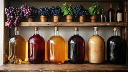 Wine making kits including carboys, corkers, grapes, and fermentation tools set up for artisan beverage crafting, home winemaking hobbies, and fermentation process visuals