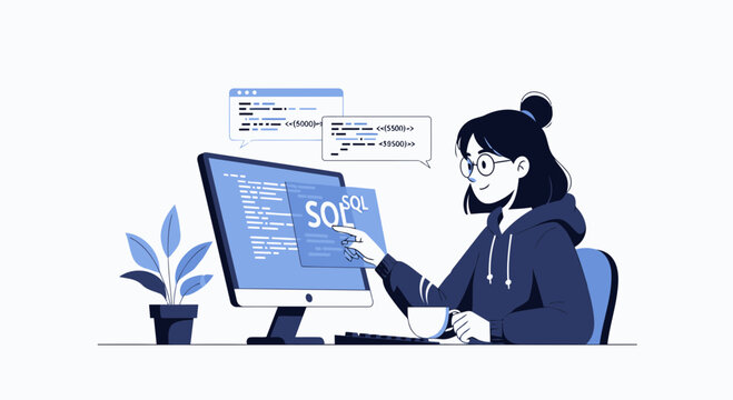 Young Woman Developing Software Code At Computer And Enjoying Coffee Break