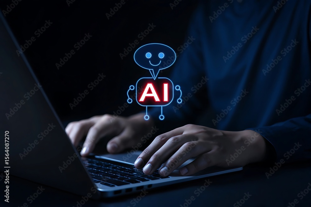 Poster user interacting with ai chatbot on mobile device, surrounded by speech bubbles, voice waveforms, co