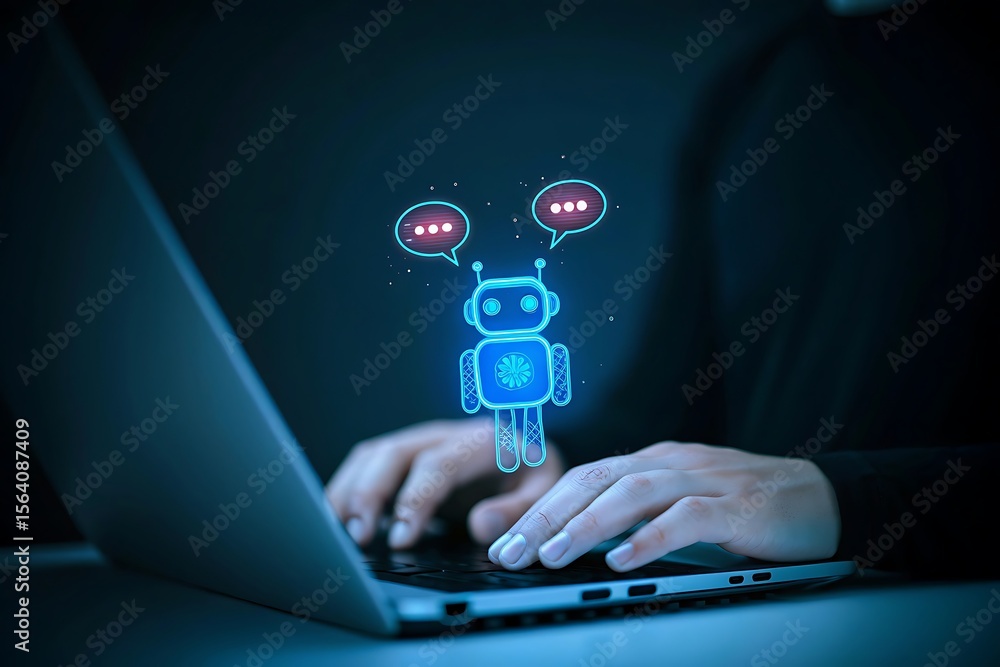 Poster user interacting with ai chatbot on mobile device, surrounded by speech bubbles, voice waveforms, co