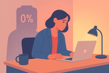 Woman Working with 0% Battery Shadow Symbolizing Burnout, Flat Vector Style, AI generated