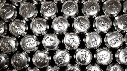 Overhead view of a large collection of aluminum beverage cans forming a repetitive pattern