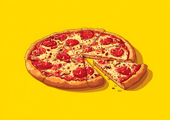 National Pizza Month vector. Pizza on a yellow background. Sliced pizza vector. Pizza different kinds vector. October is National Pizza Month. American Food 