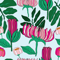 pink flowers, buds with green leaves and light pink flower buds hand drawn seamless pattern. pink tints and shades with green leaves and petals seamless pattern. It is good for fabric, textile.