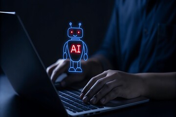 User interacting with AI chatbot on mobile device, surrounded by speech bubbles, voice waveforms, command prompt bar, representing conversational AI, virtual assistant, and smart customer support. AI