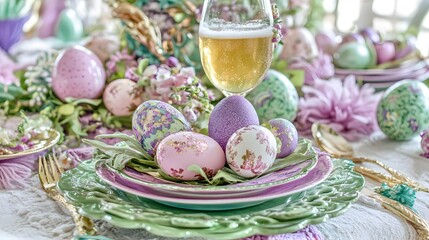 Elegant Easter Table Setting with Pastel Decorated Eggs