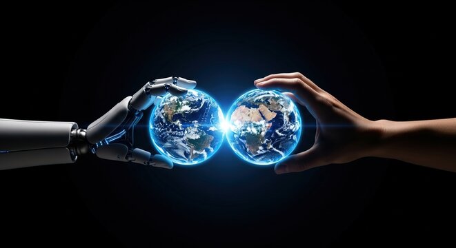 Human and robotic hands gently cradling glowing Earth globes; futuristic collaboration, technological advancement, global partnership.