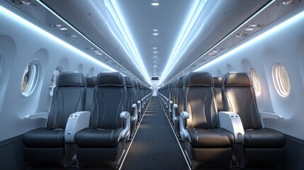 Fototapeta premium Sleek airplane cabin interior showcasing comfortable seating in a modern setup