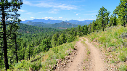 Fototapeta premium Scenic dirt road winding through lush pine forest, surrounded by mountains and clear blue skies, evokes sense of adventure