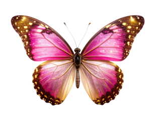 Whimsical Pink and Gold Glitter Butterfly with Outstretched Wings, Isolated on White