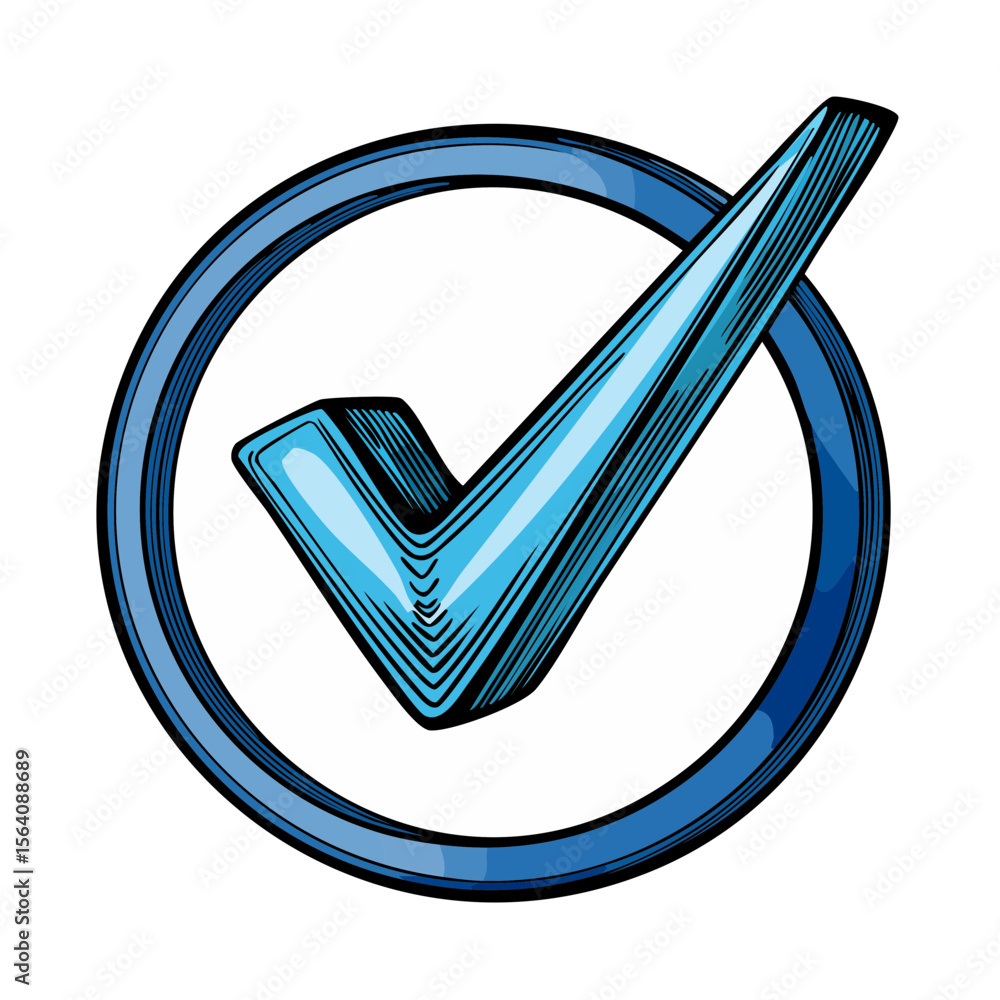 Poster blue check mark symbol inside circular design icon for validation and correct answer indicator on bl