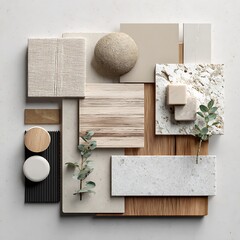 a material mood board for kitchen, neutral colors. .