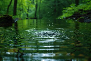 Fototapeta premium Ripples form on tranquil forest pond as raindrops fall during a peaceful afternoon