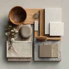 a material mood board for kitchen, neutral colors. .
