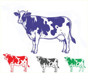 Colorful Cow Illustrations Red Black Green and Blue Spotted Dairy Cows