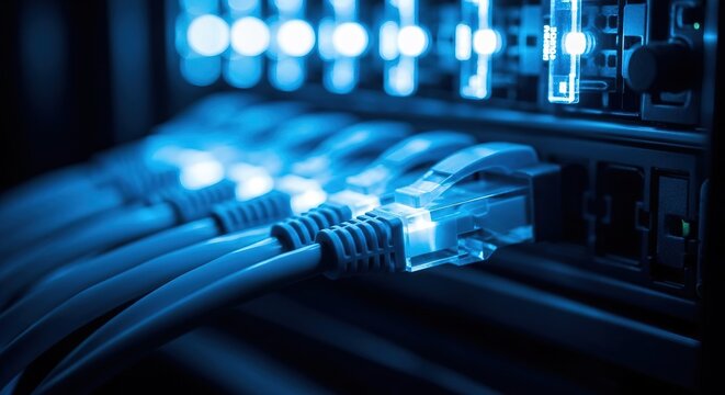 High-speed Network Cables: Close-up, Blue-Toned, Data Center Technology