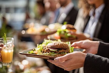 A close-up of hands offering a gourmet burger on a dark plate at an outdoor business luncheon, with blurred colleagues and other food in the background