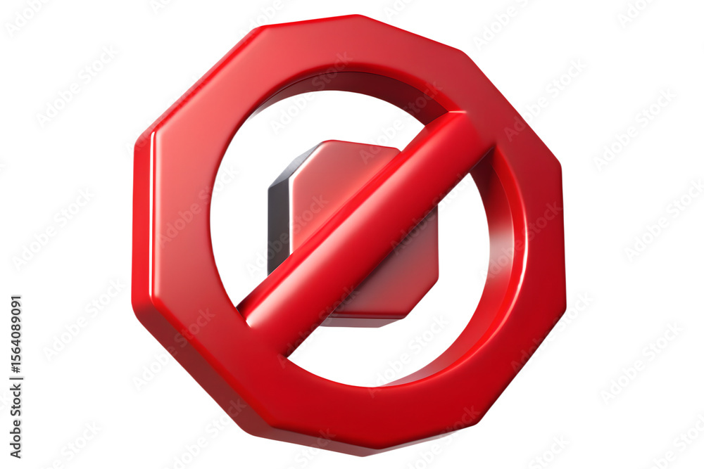 Fototapete a glossy red 3d prohibition symbol with a diagonal line across an octagonal shape isolated on transp