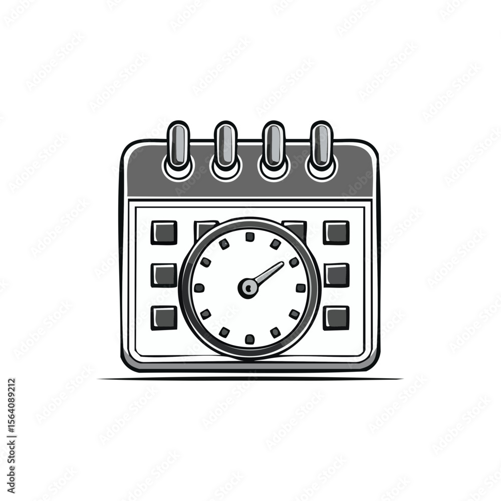 Poster stylized calendar icon with clock overlay emphasizing time management scheduling deadlines and proje