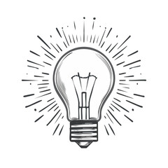 Vintage Light Bulb with Rays, Drawing of Idea, Brightness on Black Background