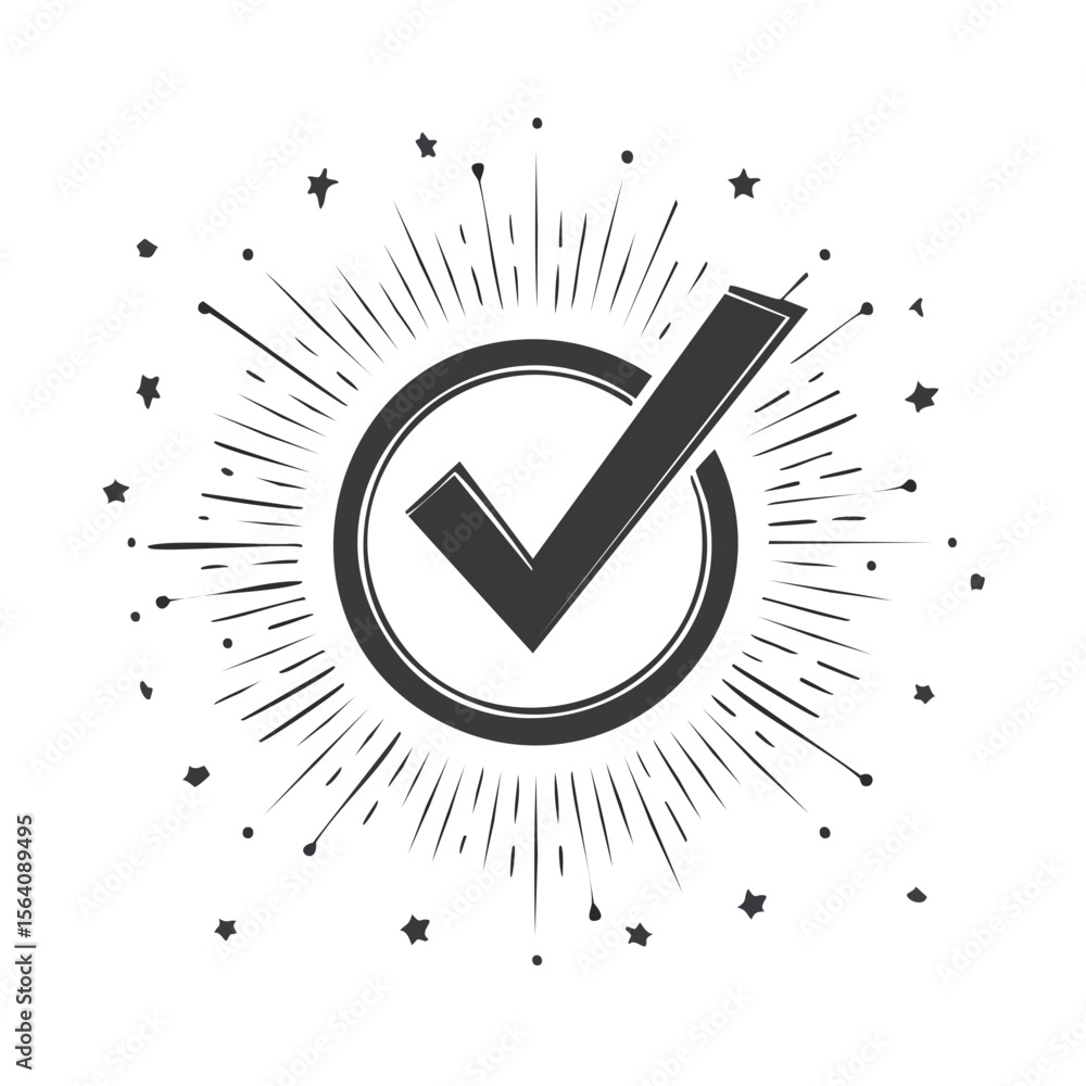 Poster check mark inside circle icon design with radiating lines and stars symbolizing confirmation achieve
