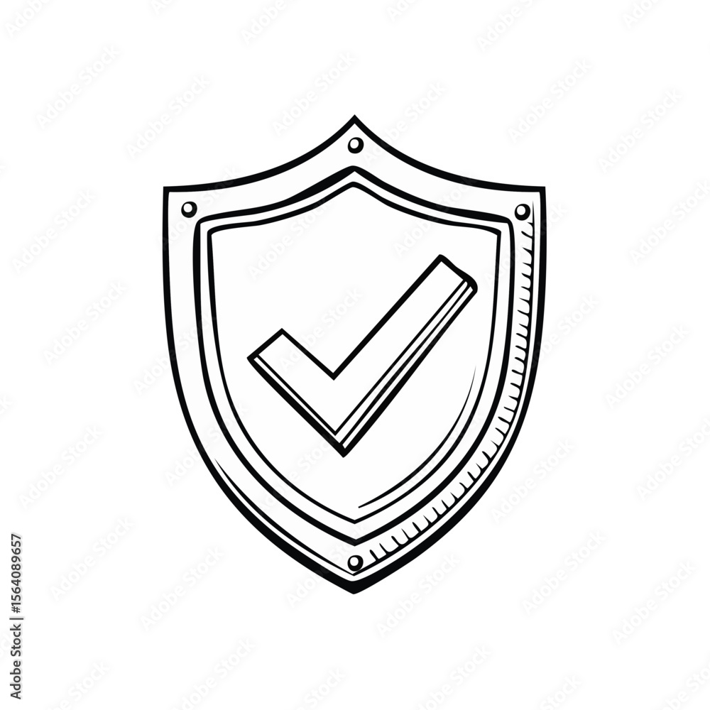 Poster hand drawn protection shield with checkmark icon illustrating security and validation on a black bac