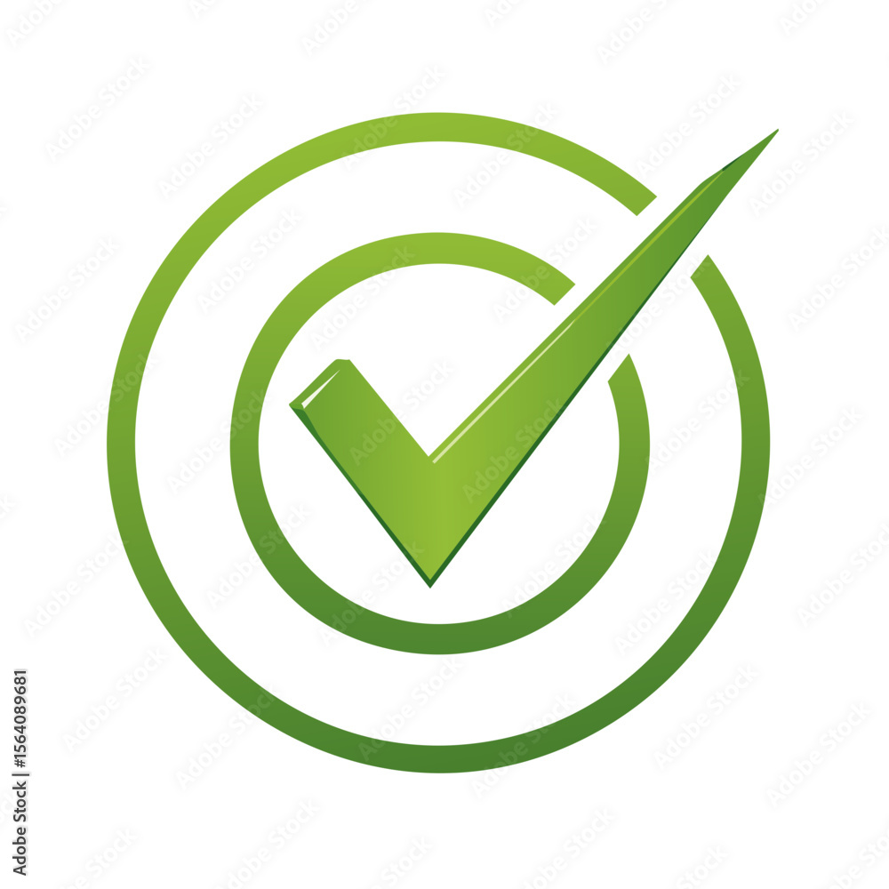 Poster green check mark inside concentric circles on black background approving validation
