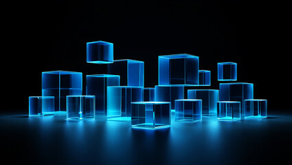 Glowing blue glass cubes arranged in a dark abstract composition image