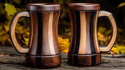 Handcrafted Wooden Beer Steins Autumn Background