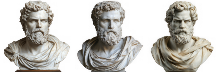 Three ancient marble busts of bearded men in roman or greek style are isolated on transparent background