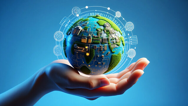 Futuristic Earth globe with digital network held in hand technology
