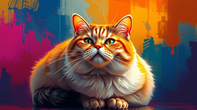 A digital art piece featuring a fat cat, vibrant complementary colors, creative artistic lighting, abstract patterns, contrasting colors, and balanced tones - Powered by Adobe