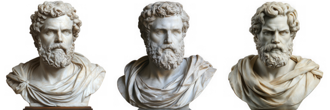 Three ancient marble busts of bearded men in roman or greek style are isolated on transparent background