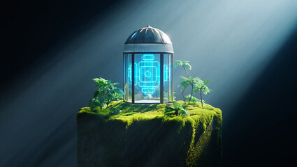 Glowing geometric structure on mossy island with plants futuristic glass